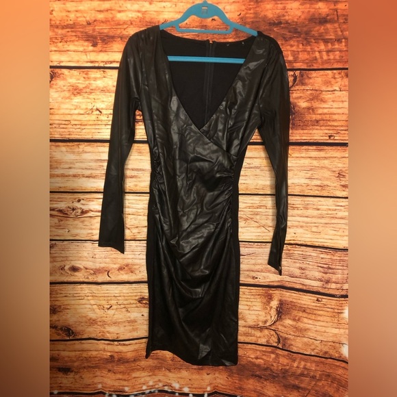 Faux-Leather Surplice Dress - Picture 4 of 16